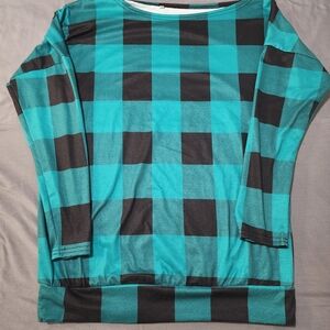 Teal and Black Checkered Long Sleeve Top